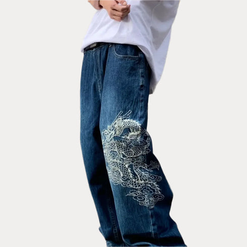 Dragon embroidered Harajuku jeans with intricate design and wide leg style.